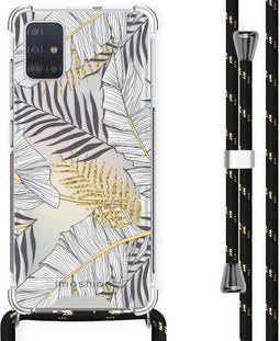 iMoshion Hoesje Geschikt voor Samsung Galaxy A51 Hoesje Met Koord - iMoshion Design Hoesje met Koord - Goud / Zwart / Transparant / Glamour Botanic