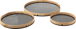 J-Line plateau Rond Rotan - dienblad - metaal - zwart/naturel - 3 stuks