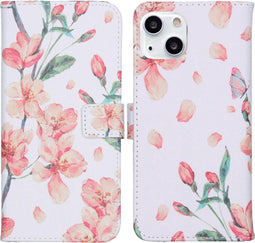 iMoshion Hoesje Geschikt voor iPhone 13 Hoesje Met Pasjeshouder - iMoshion Design Softcase Bookcase - Wit / Blossom Watercolor White