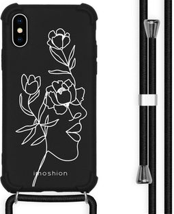 iMoshion Hoesje Geschikt voor iPhone Xs / X Hoesje Met Koord - iMoshion Design Hoesje met Koord - Wit / Zwart / Woman Flower Black