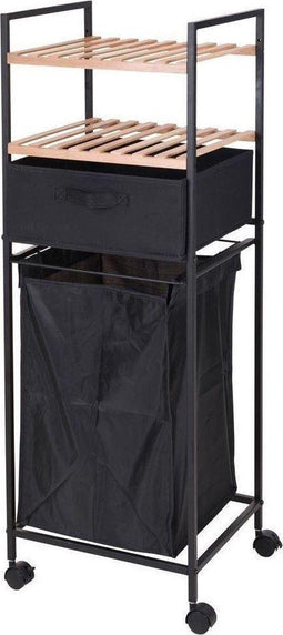 Bamboe houten badkamer kastje/trolley met wasmand 109 cm - Badkamermeubels/badkamerkasten - Bijzetkastje met 2 plankjes