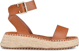 PS Poelman TARA - Dames Faux PU Sandalen - Sportieve Espadrille Sleehak - Bruin Cognac - Maat 37