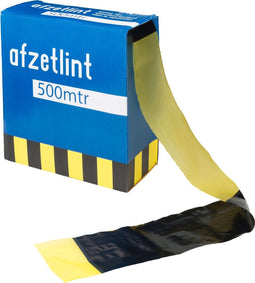 Zwart/Geel Afzetlint 75mm breed x 500mtr lang, 35my dik - Dubbelzijdig Zwart/Geel Geblokt - 1 Rol In Dispenserdoos - Waarschuwingslint - Afbakeningslint - (027.0010)