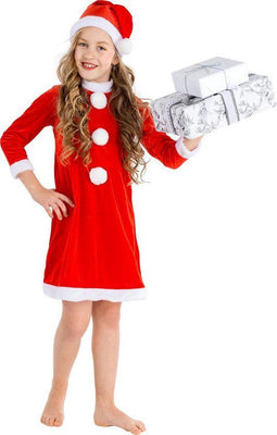 Dressforfun Meisjes kerstelf kostuum 152 - Verkleedkleding met sneeuwballen - Inclusief kerstmuts