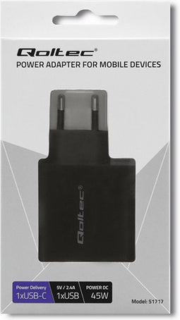 Qoltec Oplader | 45W | 5-20V | 2.25-3A | USB type C PD | USB | Zwart.