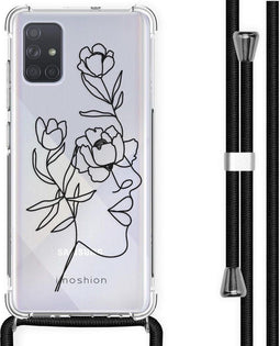 iMoshion Hoesje Geschikt voor Samsung Galaxy A71 Hoesje Met Koord - iMoshion Design Hoesje met Koord - Zwart / Transparant / Woman Flower
