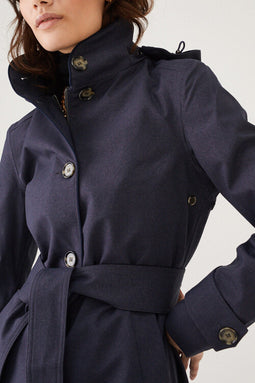 Waterproof Recycled Waistbelt Coat - Navy Denim