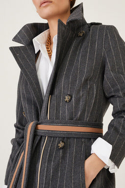 Maxi double breasted wrapcoat - Grey Wool Stripe