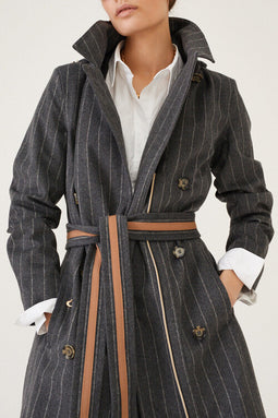 Maxi double breasted wrapcoat - Grey Wool Stripe