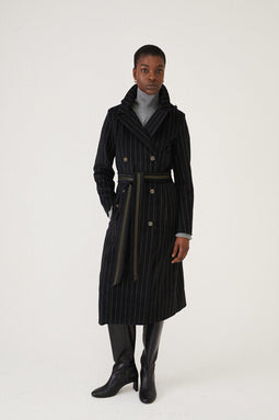 Maxi double breasted wrapcoat - Black Wool Stripe