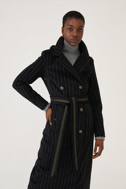 Maxi double breasted wrapcoat - Black Wool Stripe