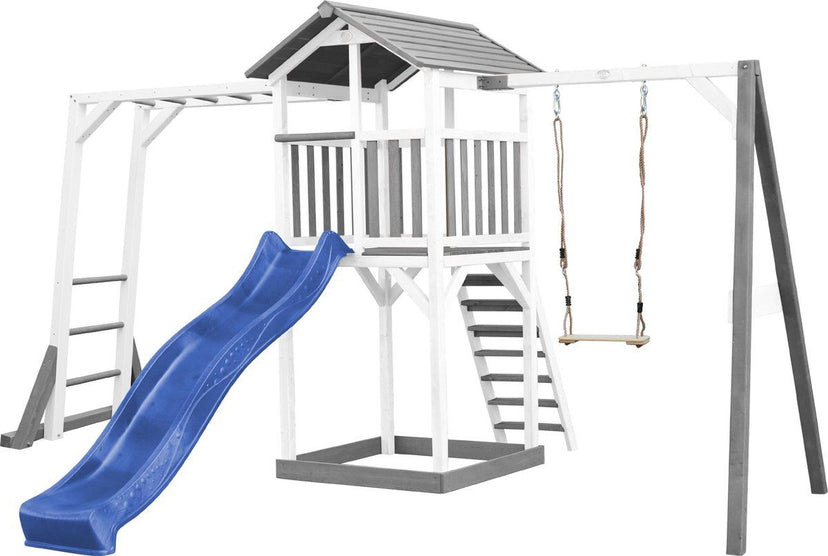AXI Beach Tower Speeltoestel in Grijs/Wit - Speeltoren met Klimrek, Enkele Schommel, Blauwe Glijbaan en Zandbak - FSC hout - Speelhuis op palen voor de tuin
