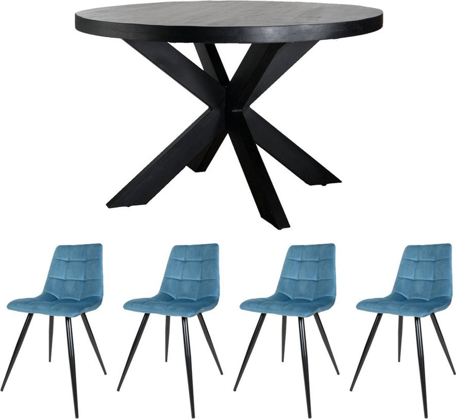 Home67 Set - Eettafel Bob Zwart Mangohout ø130 cm + 4 x Eetkamerstoel Galgary - Velvet Petrol