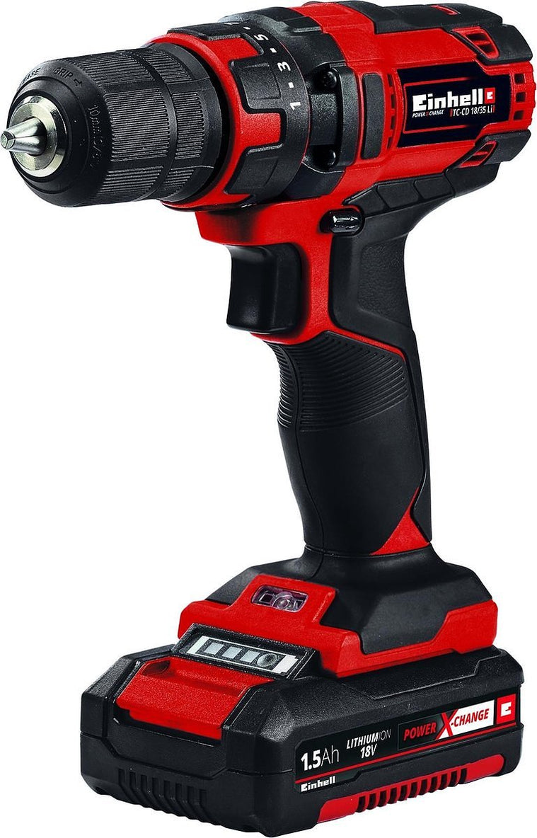 Einhell Accu Boor-/Schroefmachine TC-CD 18/35 Li Kit - Power X-Change - 18 V/Li-ion - 35 Nm - 0-550 t/min - 10 mm snelspanboorkop - Elektronische snelheidsregeling - Incl. 1x 1.5 Ah accu en lader
