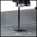 Einhell Lintzaag TC-SB 200/1 - 250 W - 1400 t/min - Uitlading: 200 mm - Zaaglint: 1400x6,4 mm - Aantal tanden: 6/25 mm - Zaaghoogte: 90°/45°: 80/45 mm - Afzuigadapter: Ø36 mm - Incl. Parallelaanslag en Duwstok