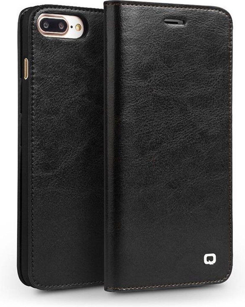 Qialino - echt lederen luxe wallet hoes - Geschikt voor iPhone SE (2022 / 2020) / 8 / 7 / 6(s) - Zwart