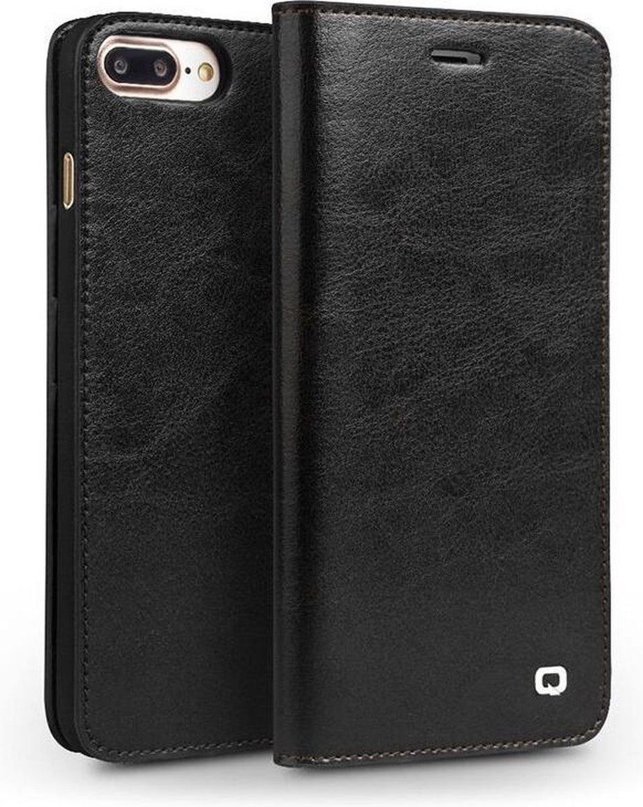 Qialino - echt lederen luxe wallet hoes - Geschikt voor iPhone SE (2022 / 2020) / 8 / 7 / 6(s) - Zwart