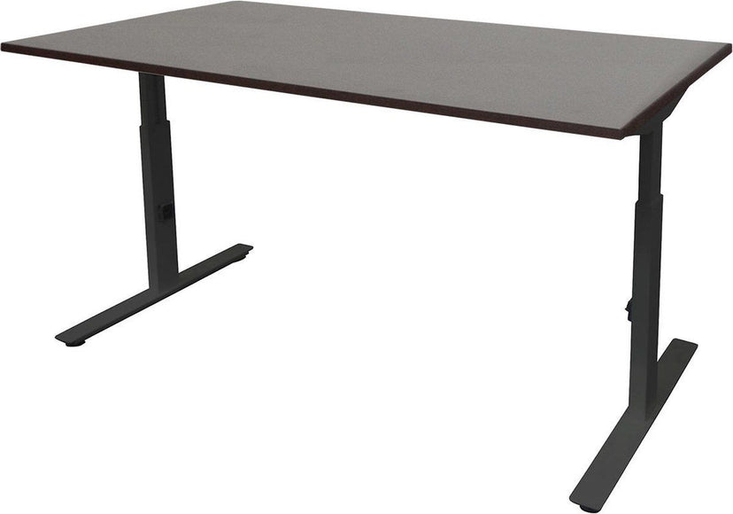 Linesto Plus bureau, hoogte instelbaar (65-85cm) met 120x80cm Honey Castello 25mm blad en zwart (RAL9005) t-poot frame met rechte tenen