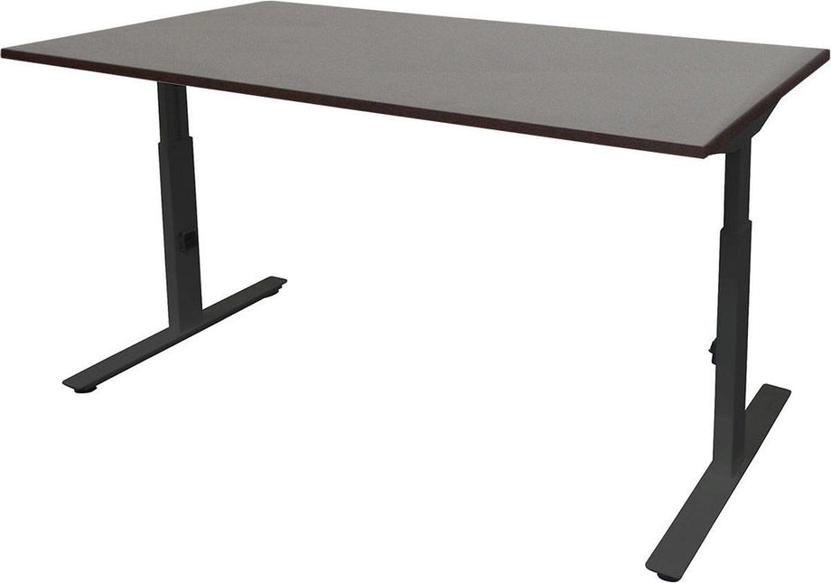 Linesto Plus bureau, hoogte instelbaar (65-85cm) met 120x80cm Honey Castello 25mm blad en zwart (RAL9005) t-poot frame met rechte tenen