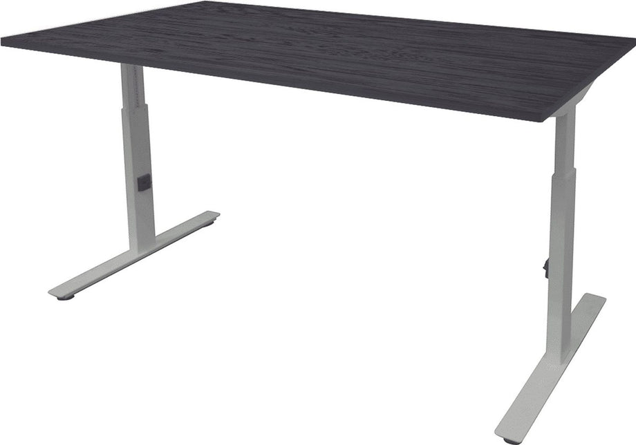 Linesto Plus bureau, hoogte instelbaar (65-85cm) met 180x80cm Honey Castello 25mm blad en zwart (RAL9005) t-poot frame met rechte tenen