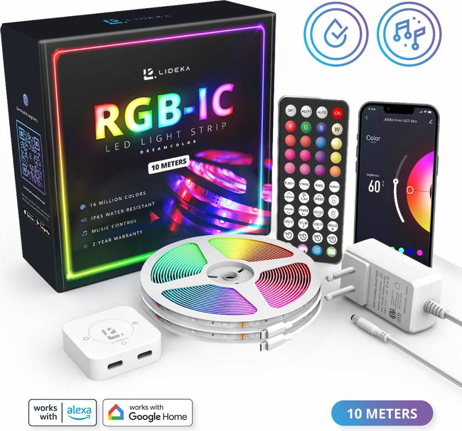 Lideka® - LED strip 10 Meter - RGB-IC - Dreamcolor - App bediening - 16 miljoen kleuren (2 stuks)