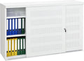 Schuifdeurkast met geperforeerde deuren breed 166CM diep 40CM hoogte 100CM bladkleur Lichtgrijs framekleur Wit (RAL9010)